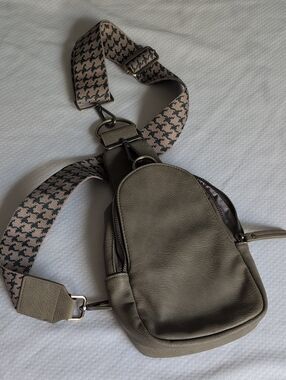 Anthropology Olive Crossbody Sling Bag with Patterned Strap